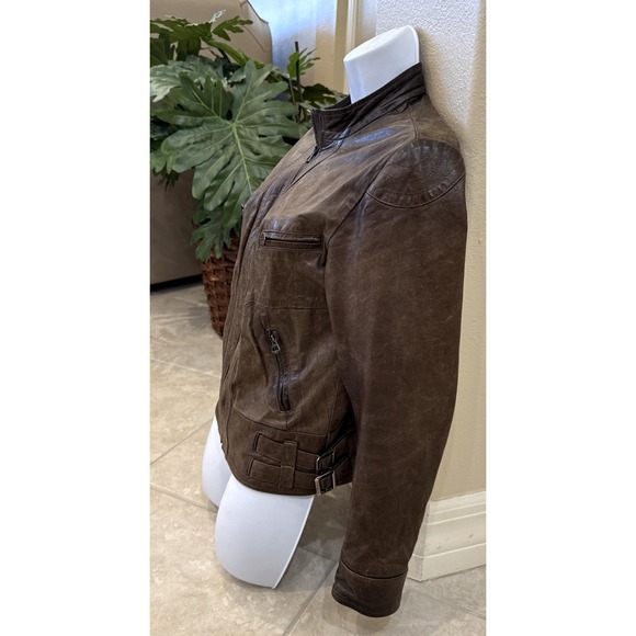 VTG Vera Pelle Brown Leather Woman Sz 44 (S/M) Motorcycle Coat Lined Jacket - Picture 2 of 11